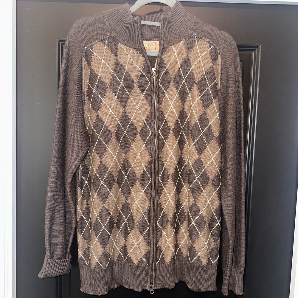 Vintage‎ Buckle BKE Mens L Knit Argyle Diamond Full Zip Cardigan Sweater Brown
